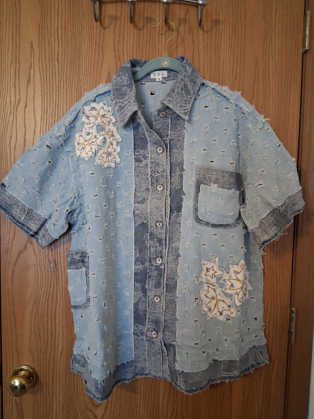 POL Light Blue Distressed Patchwork Denim Jacket - Picture 2 of 9